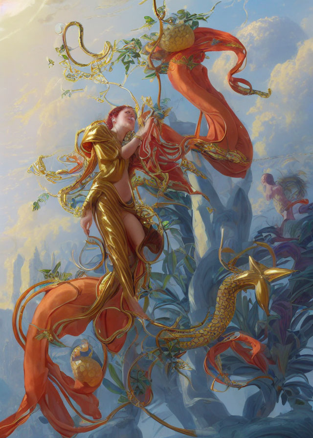 Golden Attired Mermaid Figure Among Clouds and Ribbons