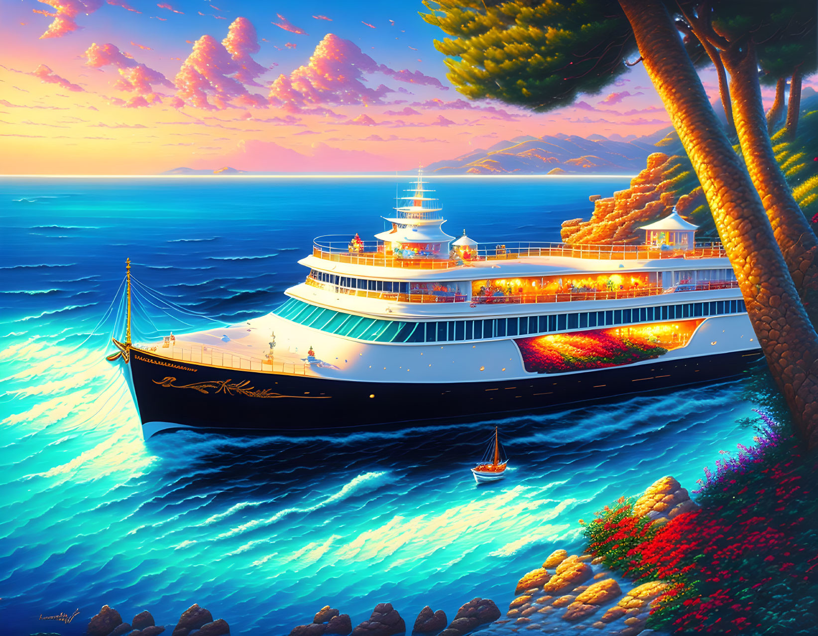 Luxurious cruise ship at sunset near cliff with sailboat and scenic coastline