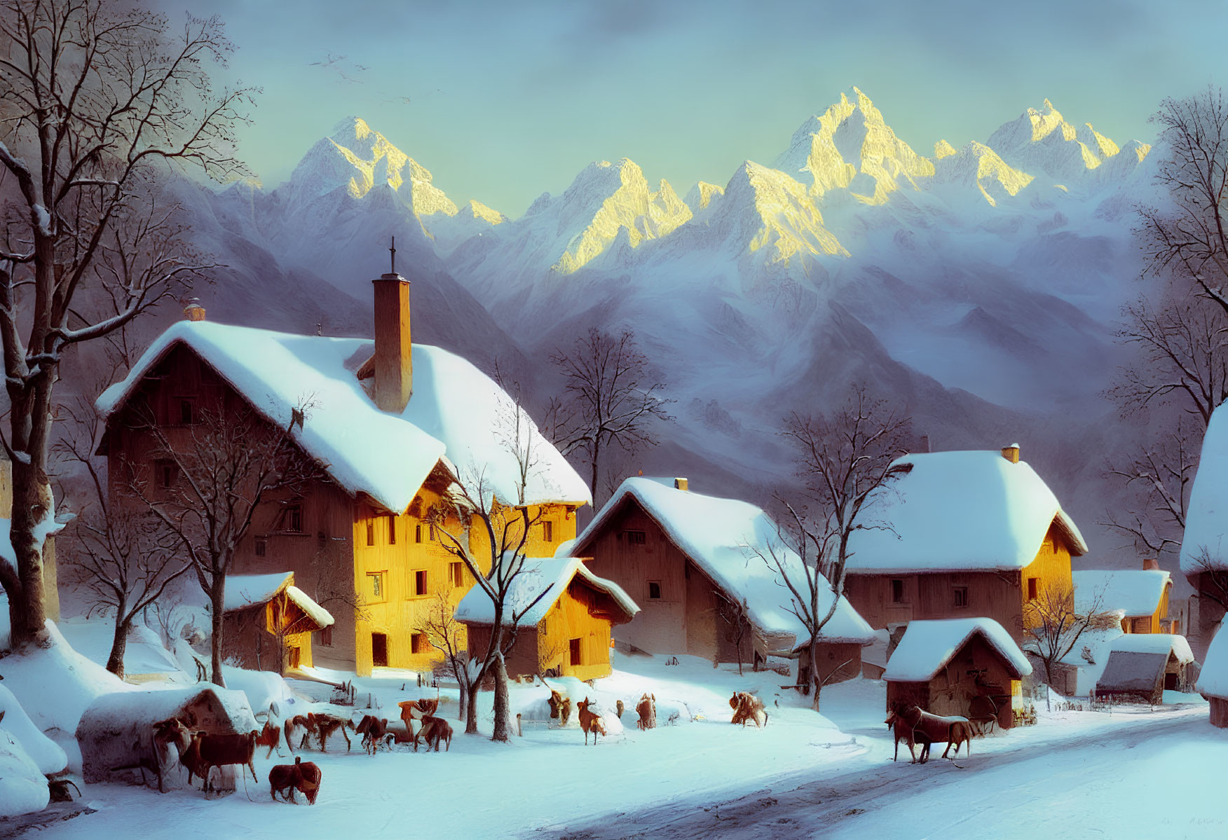 Snowy Village at Dusk with Illuminated Houses, Mountains, and Returning Cattle