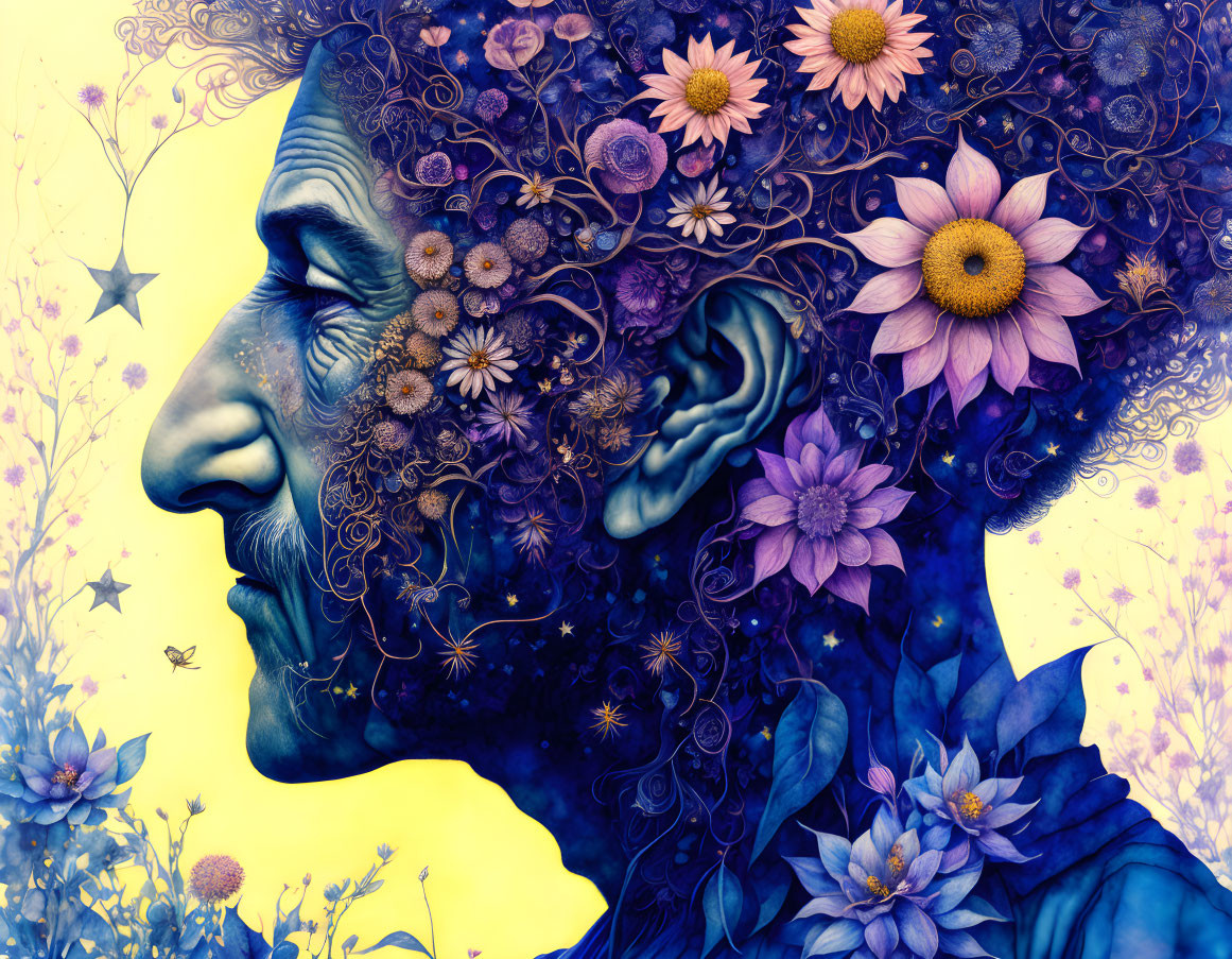 Colorful profile illustration with floral motifs and blue-purple hues blending with nature elements.