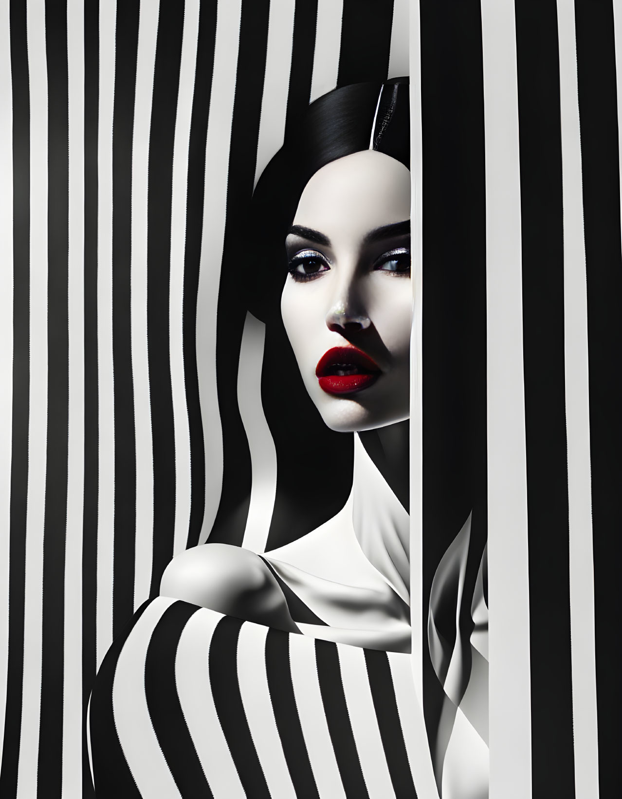 Woman with Red Lipstick and Dark Hair in Abstract Black and White Striped Background