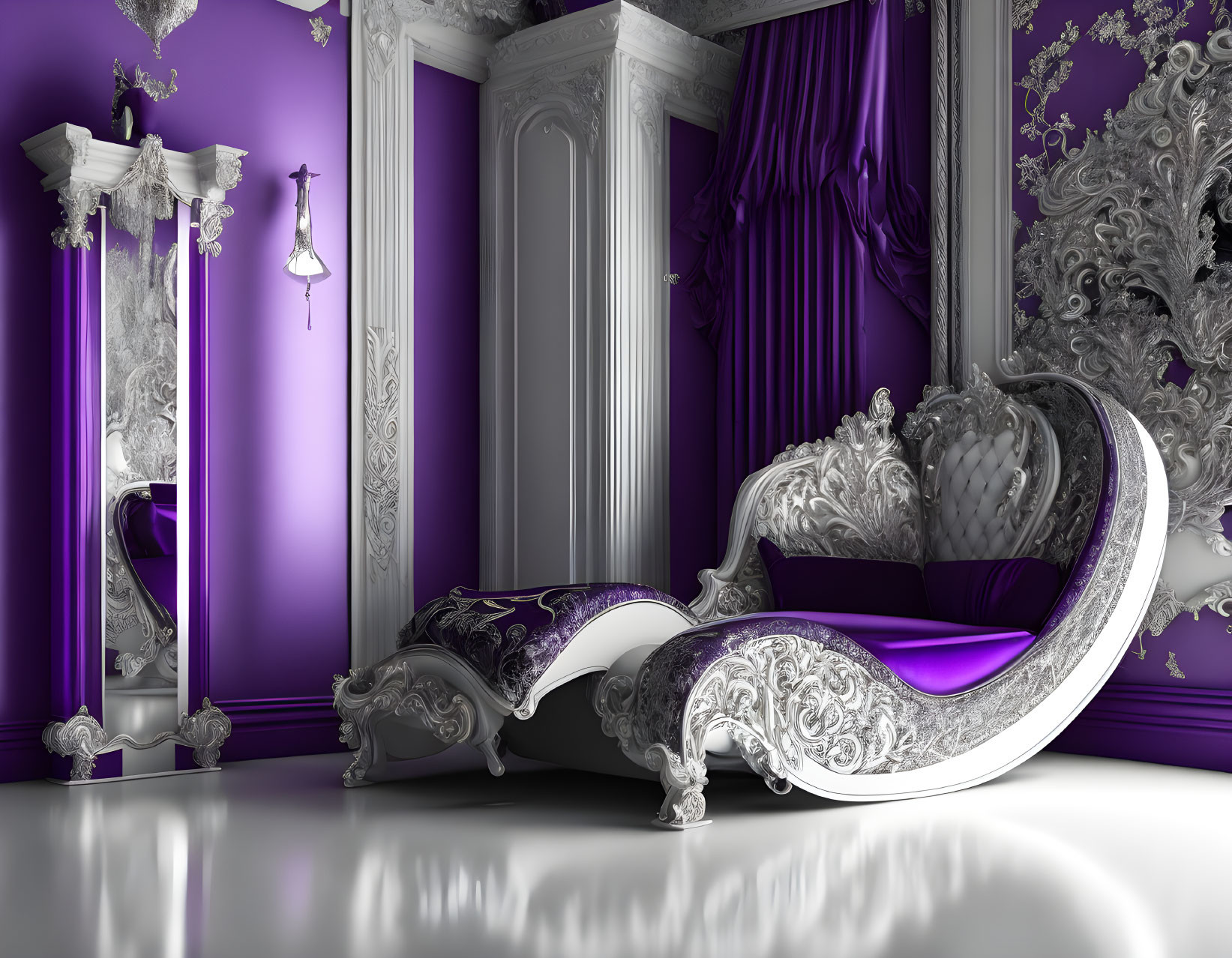 Luxurious Purple and Silver Bedroom with Round Bed and Elegant Columns