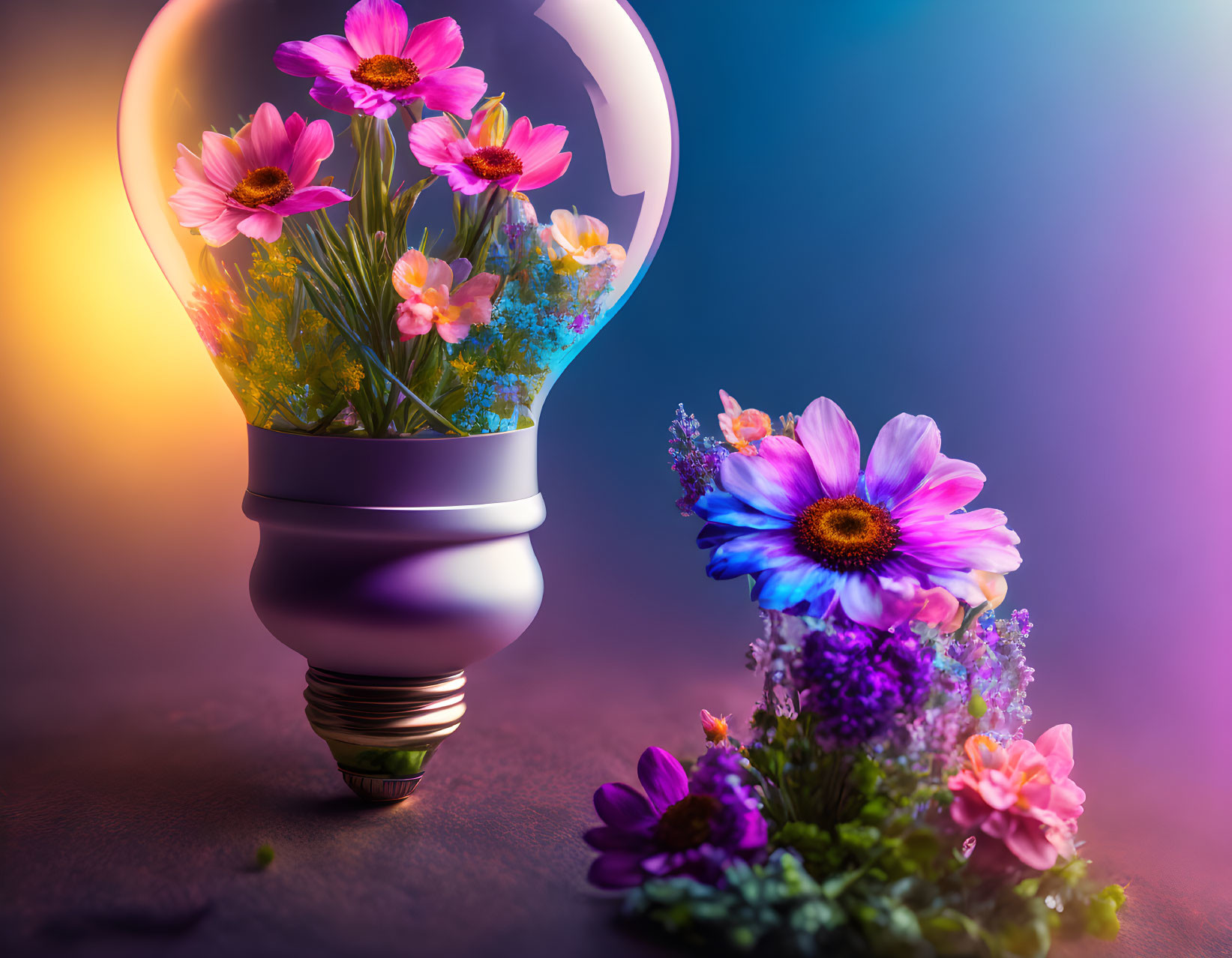 Colorful flower-filled lightbulb on purple and orange gradient background