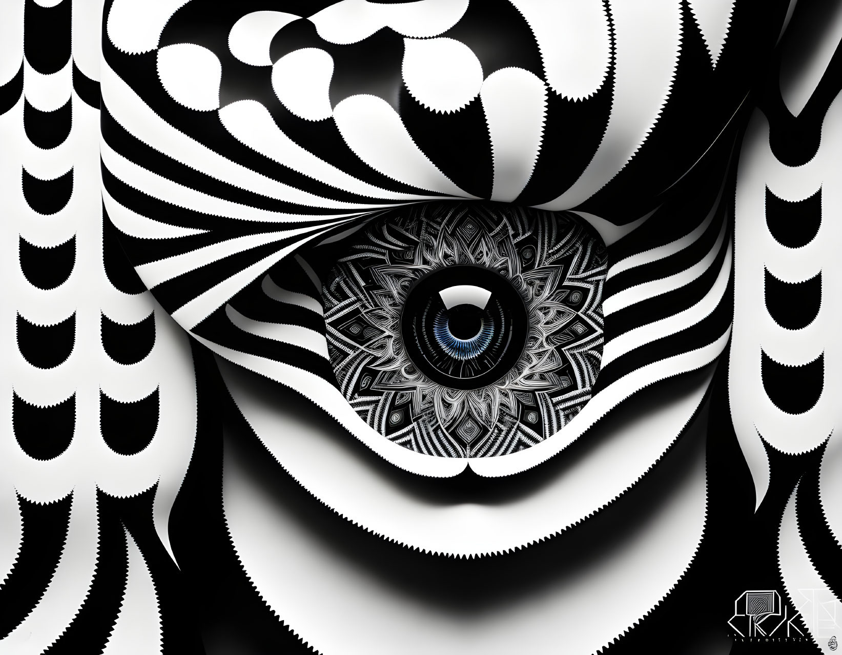 Detailed Black and White Optical Illusion with Blue Eye and Swirling Patterns