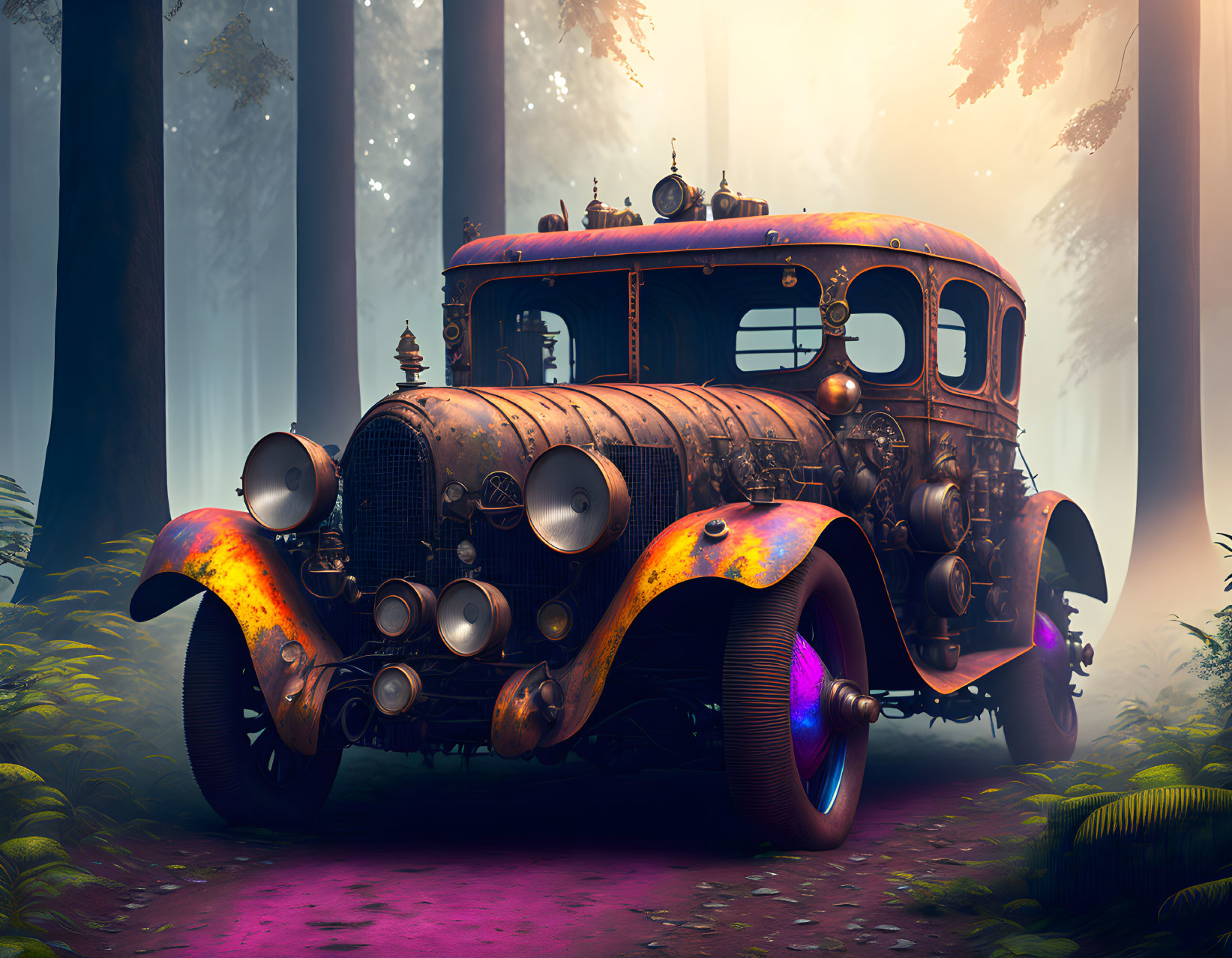 Vintage Car with Intricate Metallic Details in Misty Forest