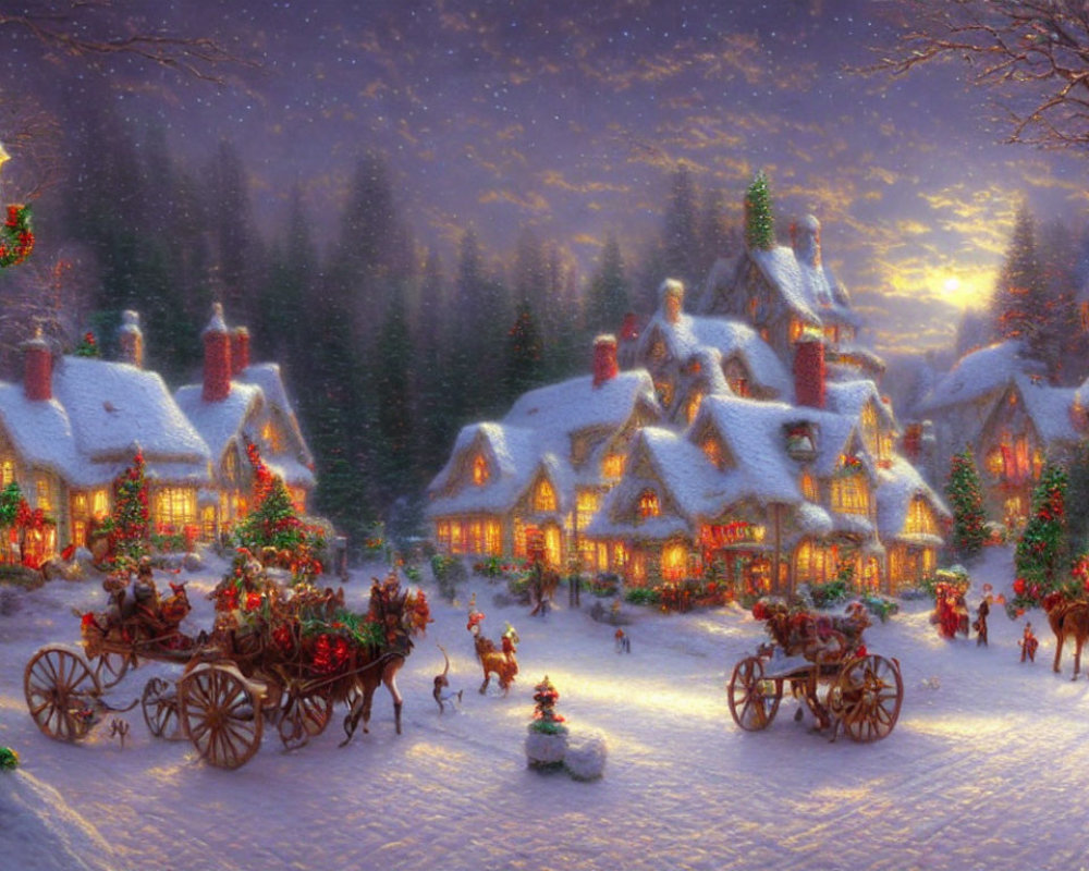 Snow-covered winter village with horse-drawn carriages and Christmas decorations