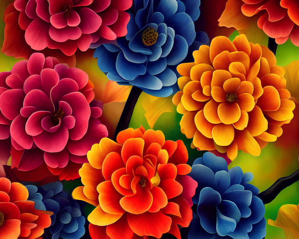 Vibrant multi-layered flower illustration in red, orange, blue, and yellow hues