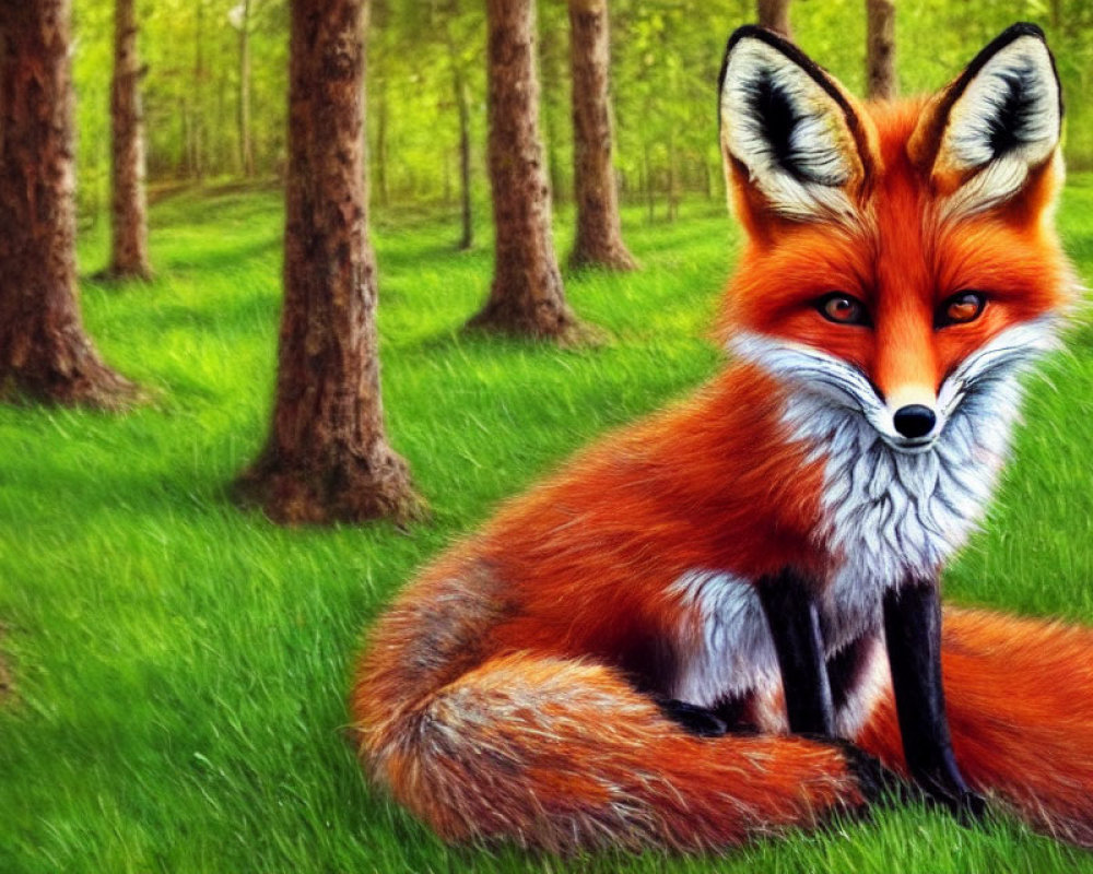 Red Fox Sitting in Lush Green Forest with Visible Tree Trunks