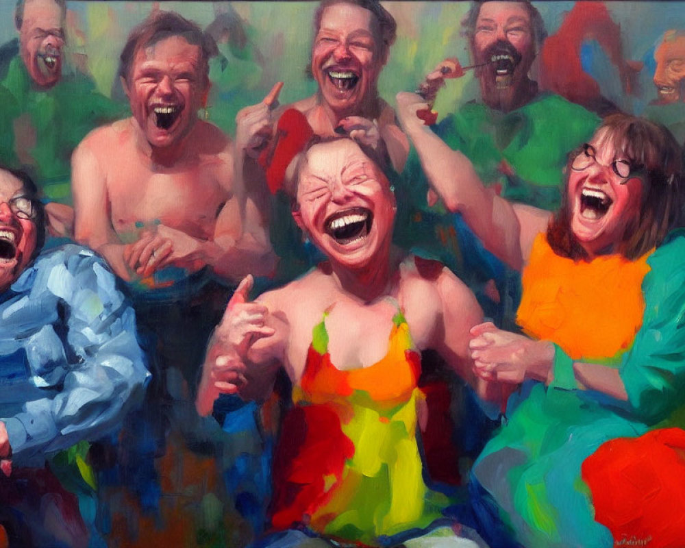 Colorful Painting of Joyful People Laughing Against Abstract Background