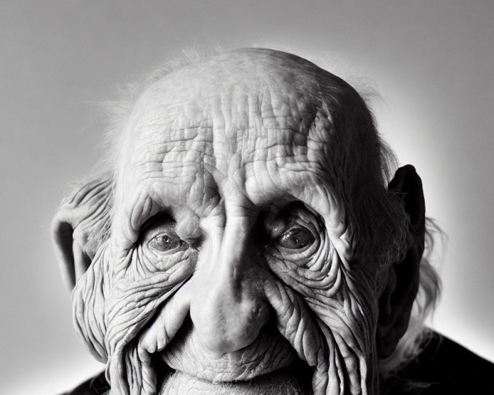 Portrait of elderly person with deep wrinkles and expressive eyes in black and white.