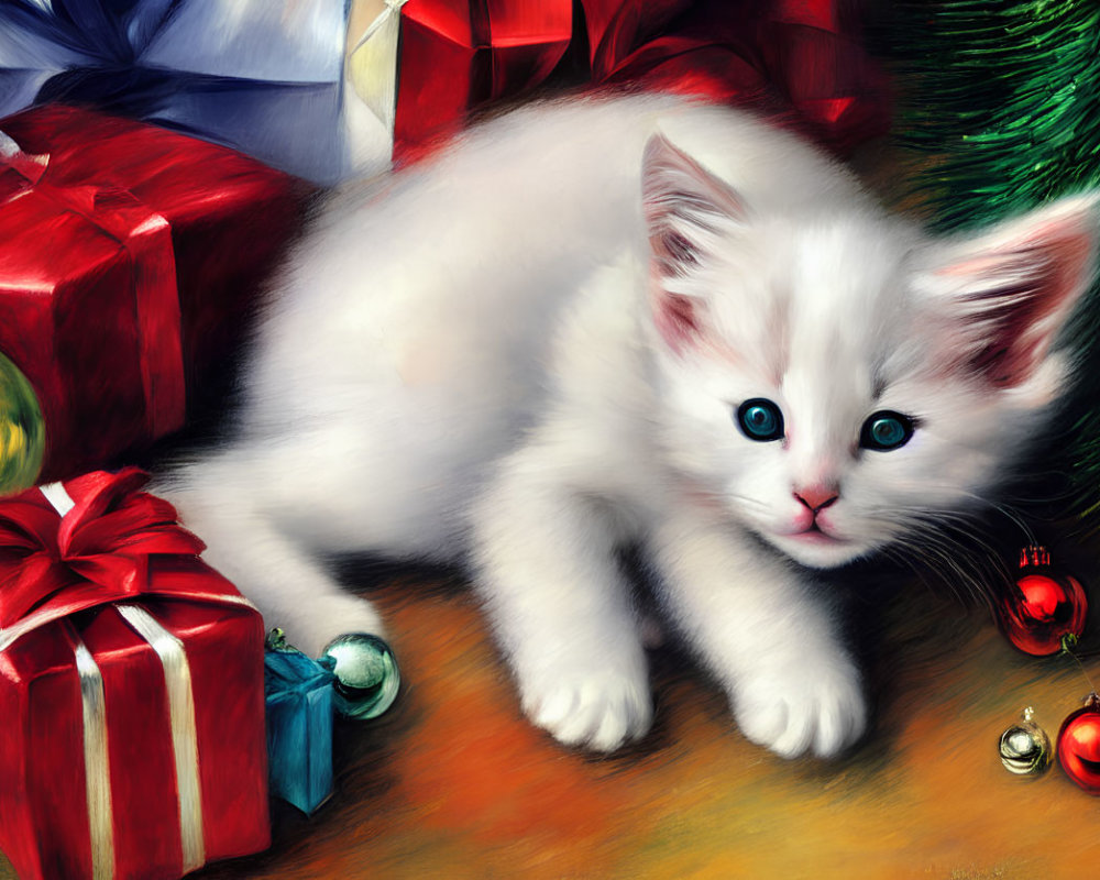 White Kitten with Blue Eyes Among Christmas Decorations and Gifts