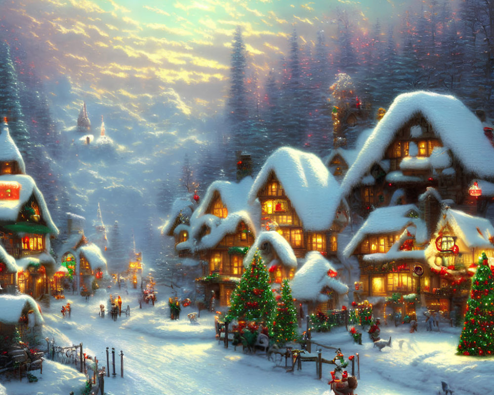 Snowy Village with Illuminated Houses and Christmas Trees at Twilight