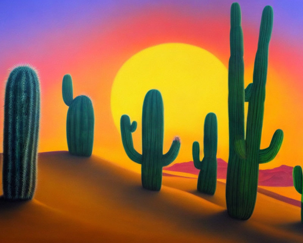 Vibrant desert sunset with silhouetted cacti in purple and orange hues