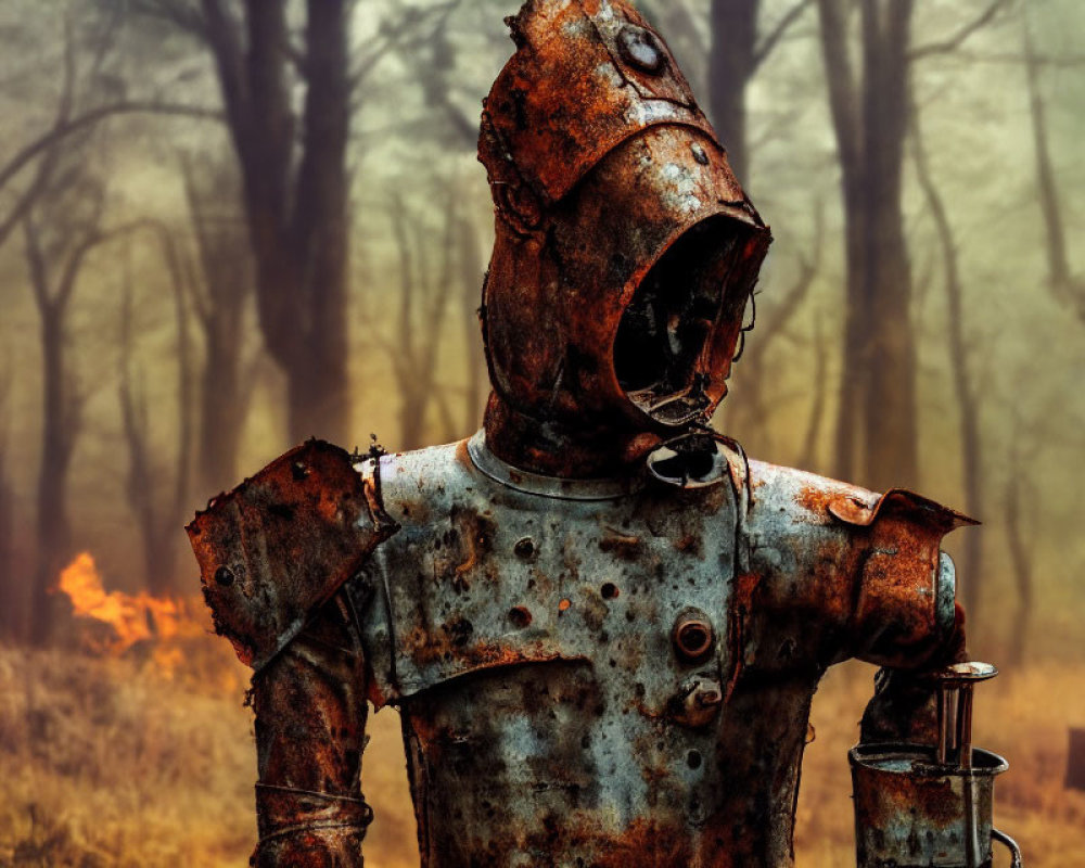 Rusted medieval armor in foggy forest with fire and smoke.