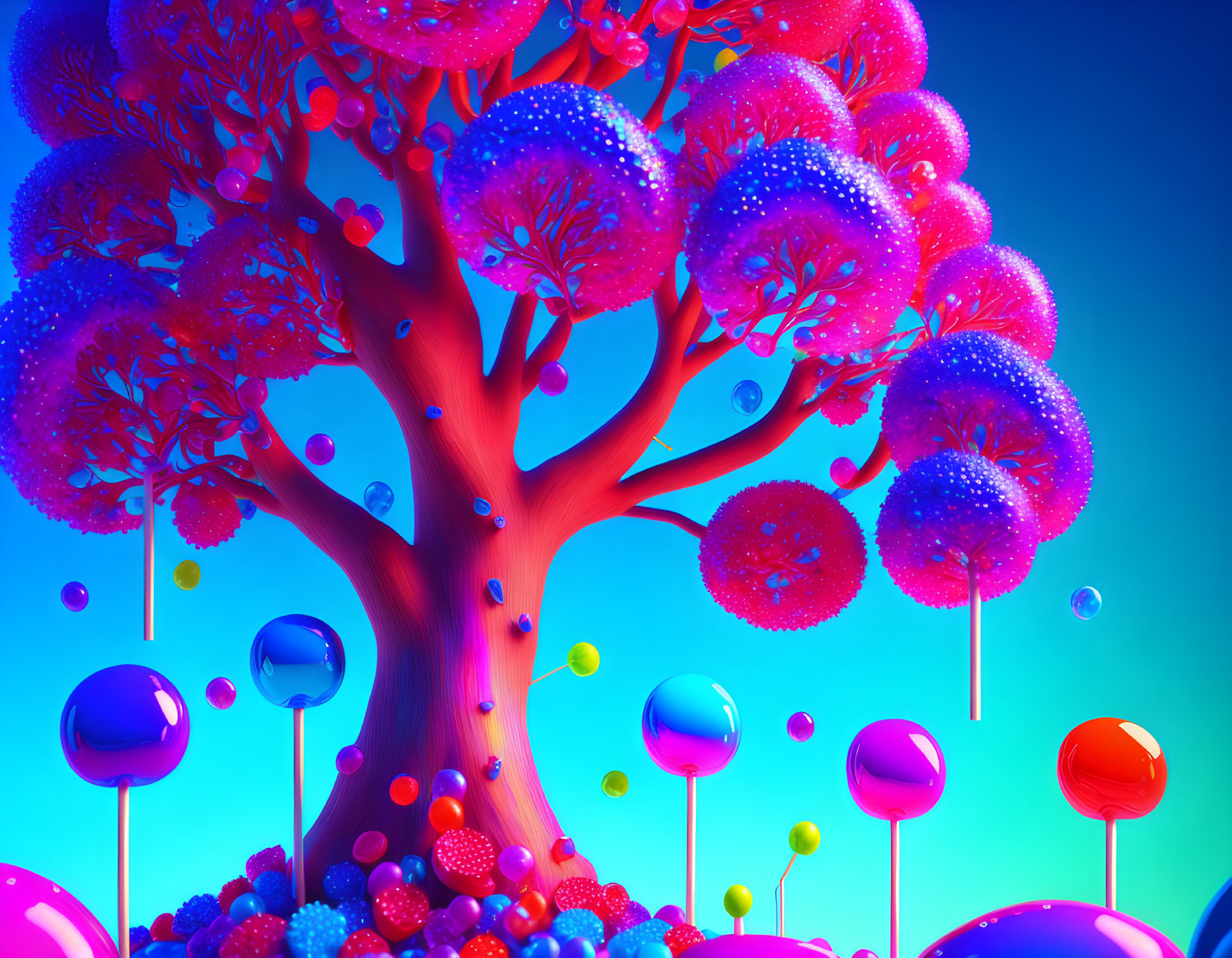 Colorful surreal landscape with whimsical tree and candy orbs on blue sky