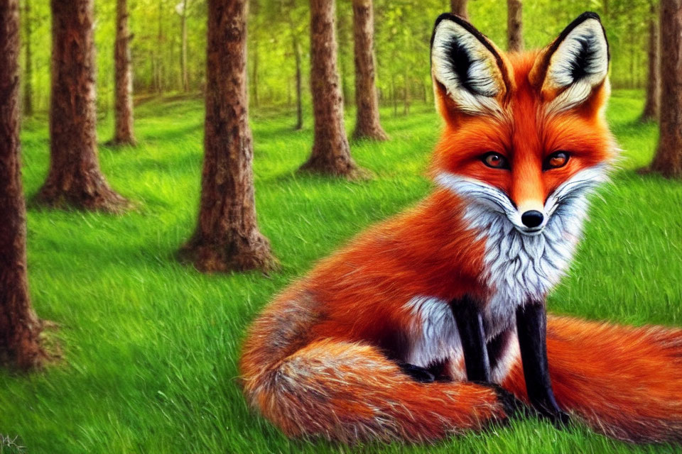 Red Fox Sitting in Lush Green Forest with Visible Tree Trunks