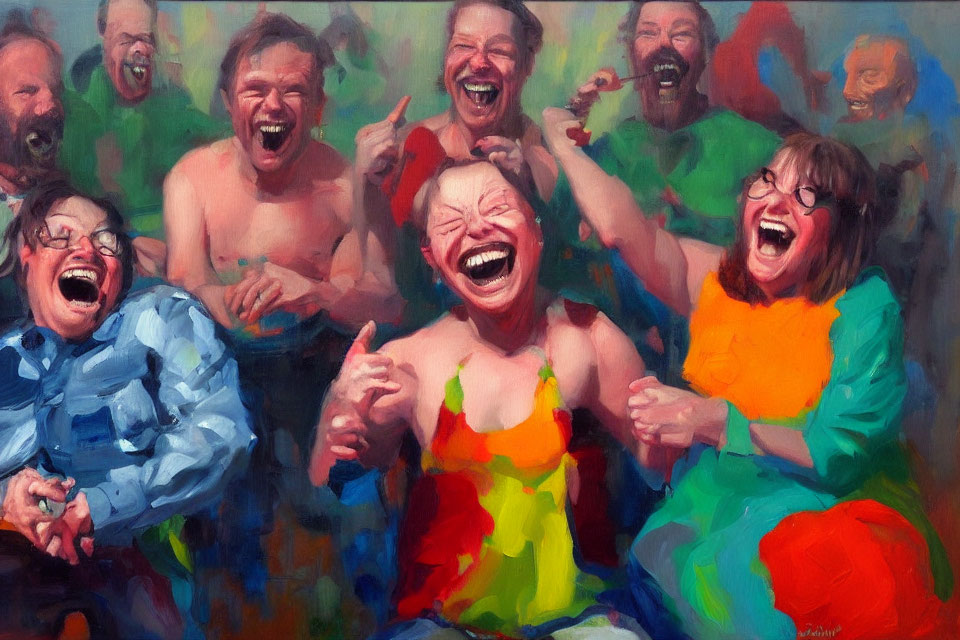 Colorful Painting of Joyful People Laughing Against Abstract Background