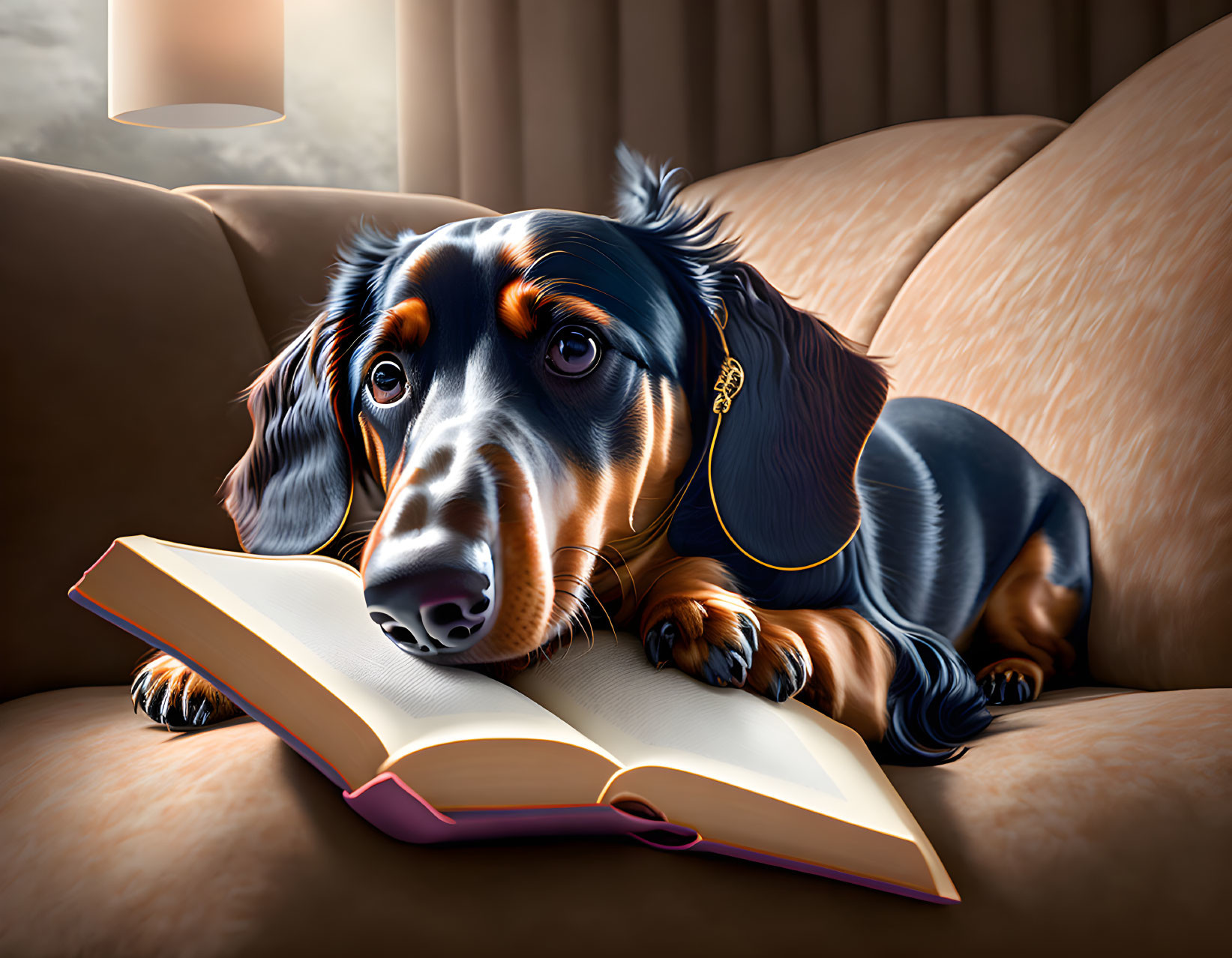 Black and Brown Dog Wearing Glasses on Sofa with Book