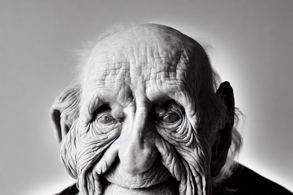 Portrait of elderly person with deep wrinkles and expressive eyes in black and white.