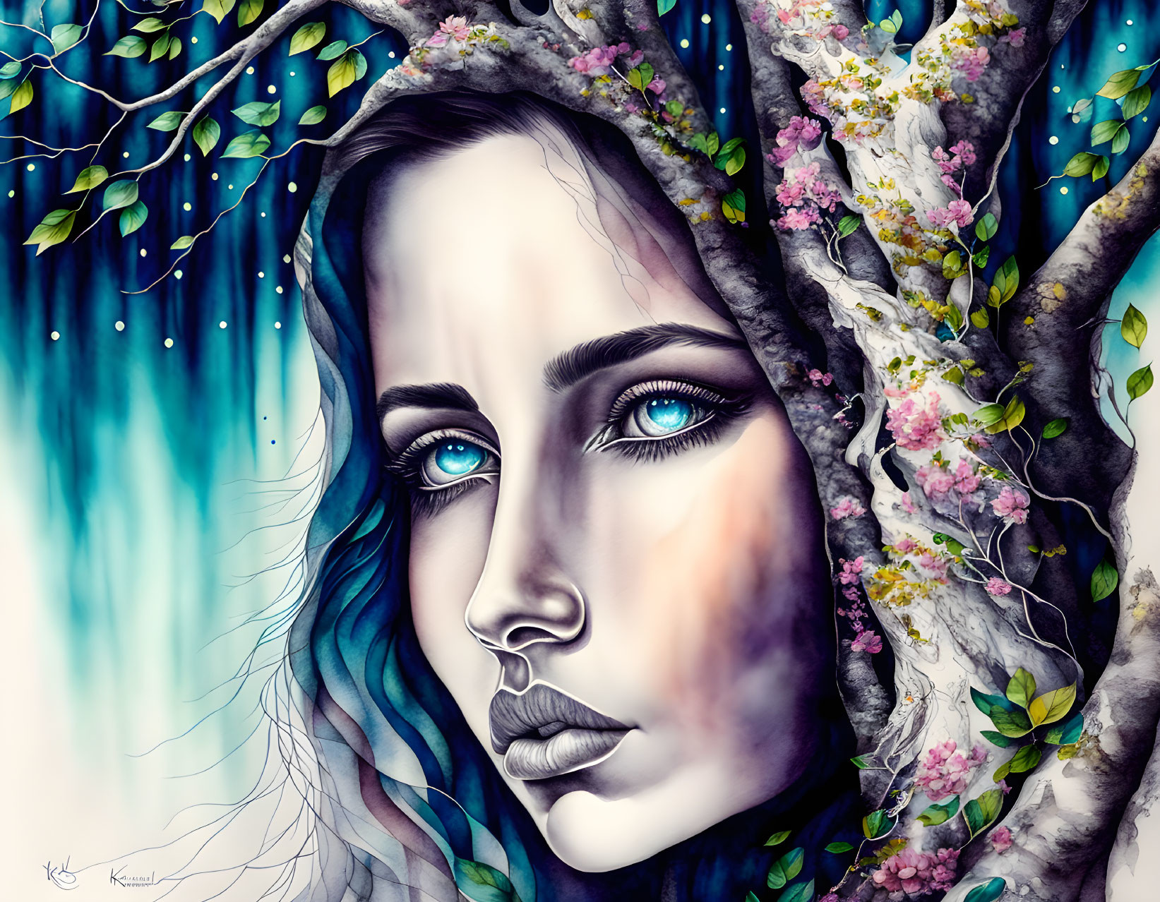 Woman's face merges with tree in stylized illustration on blue background