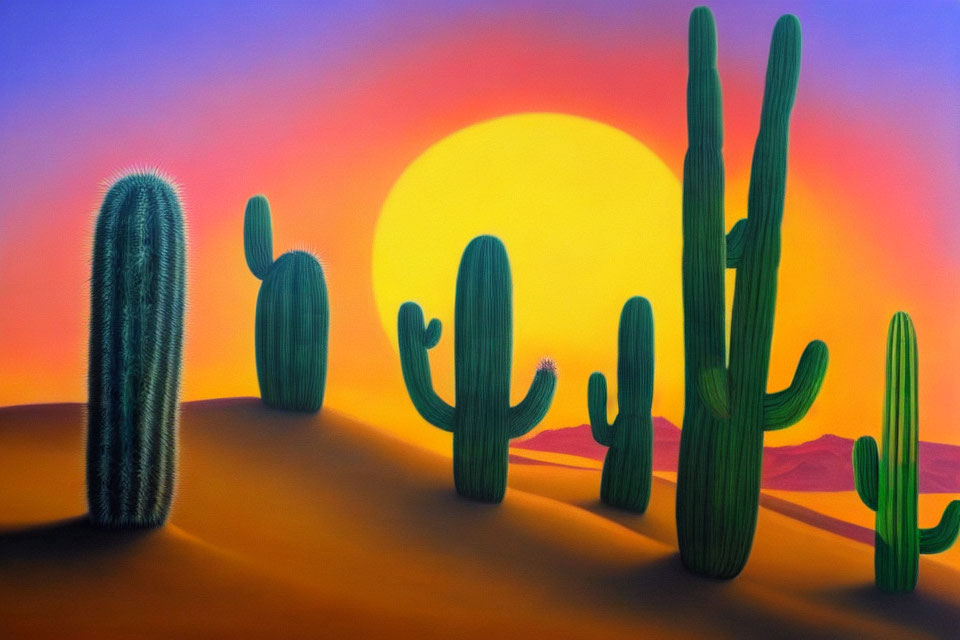 Vibrant desert sunset with silhouetted cacti in purple and orange hues