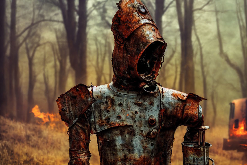 Rusted medieval armor in foggy forest with fire and smoke.