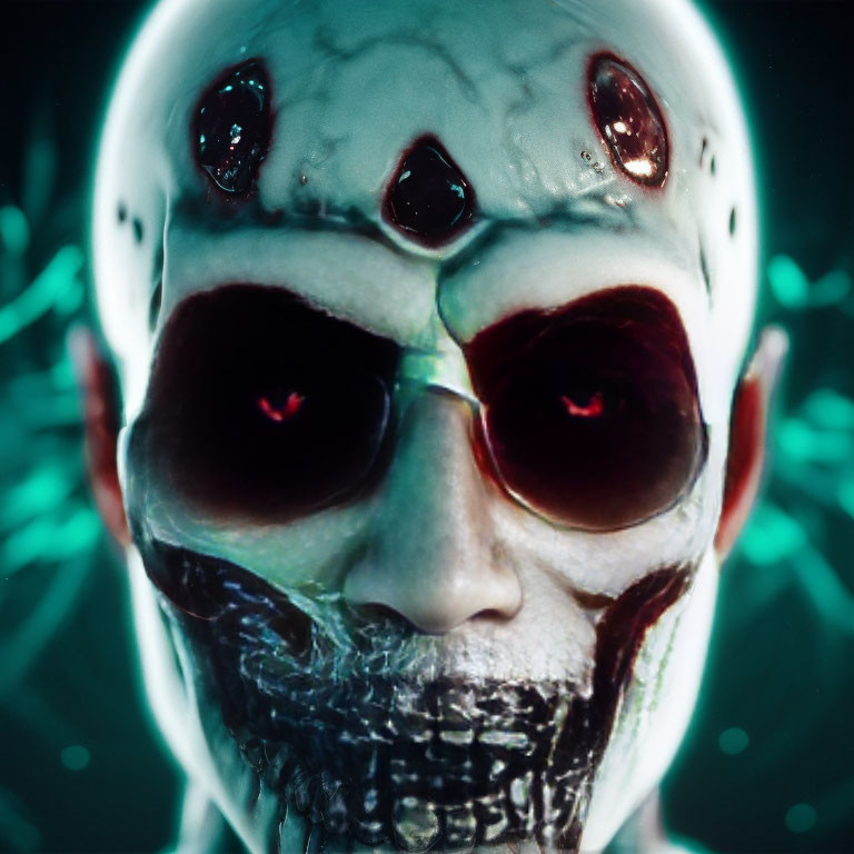 Menacing figure with skull-like face and red glowing eyes adorned with dark gemstones.