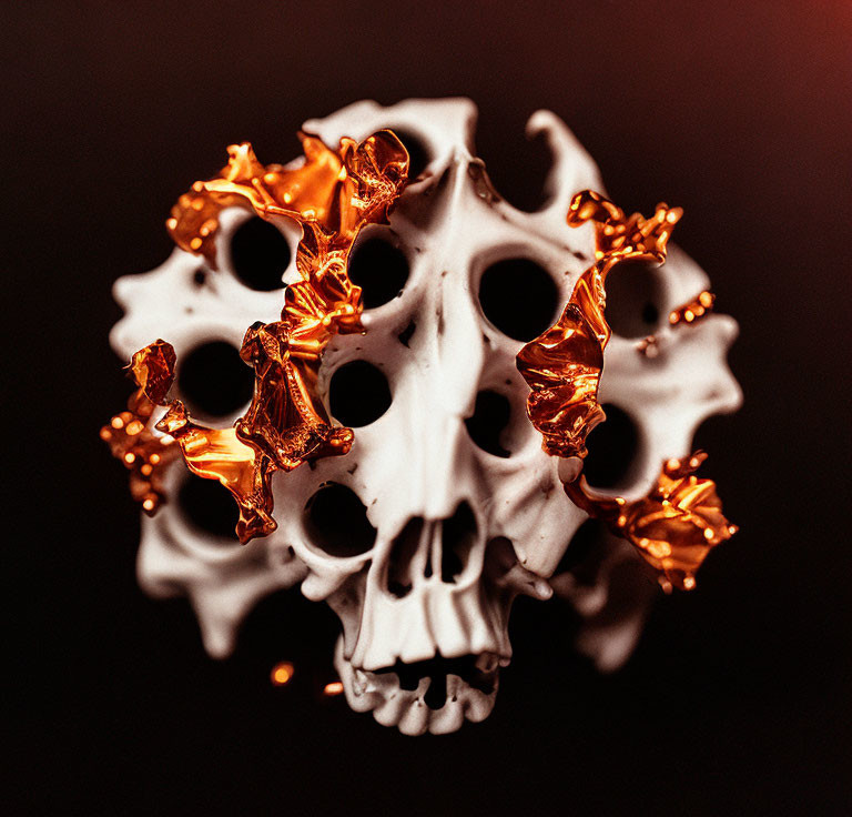 White and Gold 3D Printed Skull Sculpture with Intricate Patterns