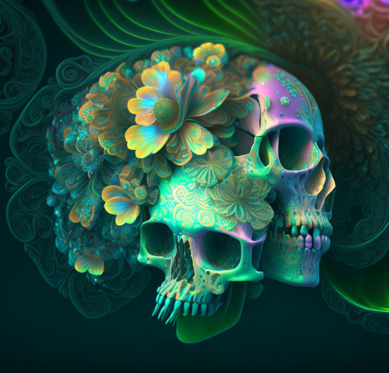 Vibrant psychedelic floral skull art on dark background