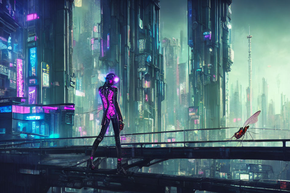 Futuristic figure in glowing purple suit on bridge with neon-lit cityscape