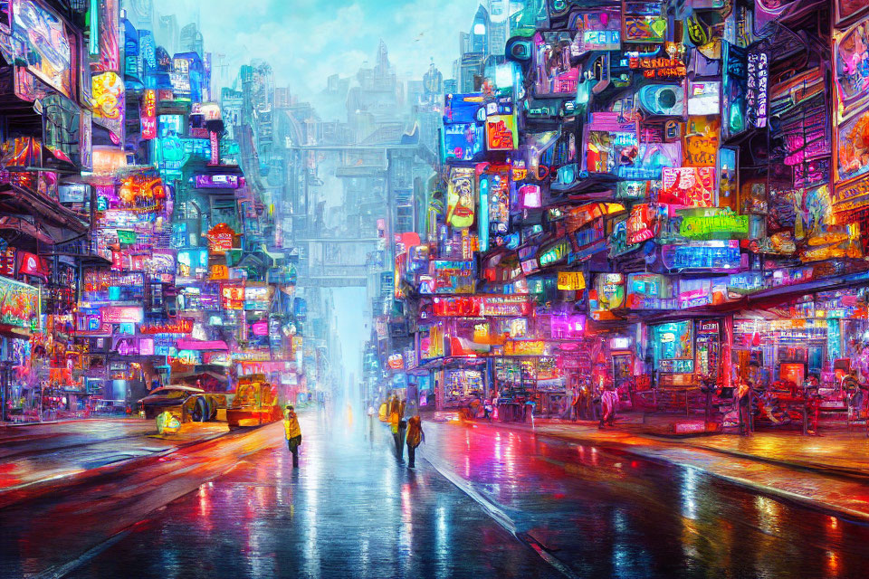 Futuristic cityscape with neon lights and eclectic architecture