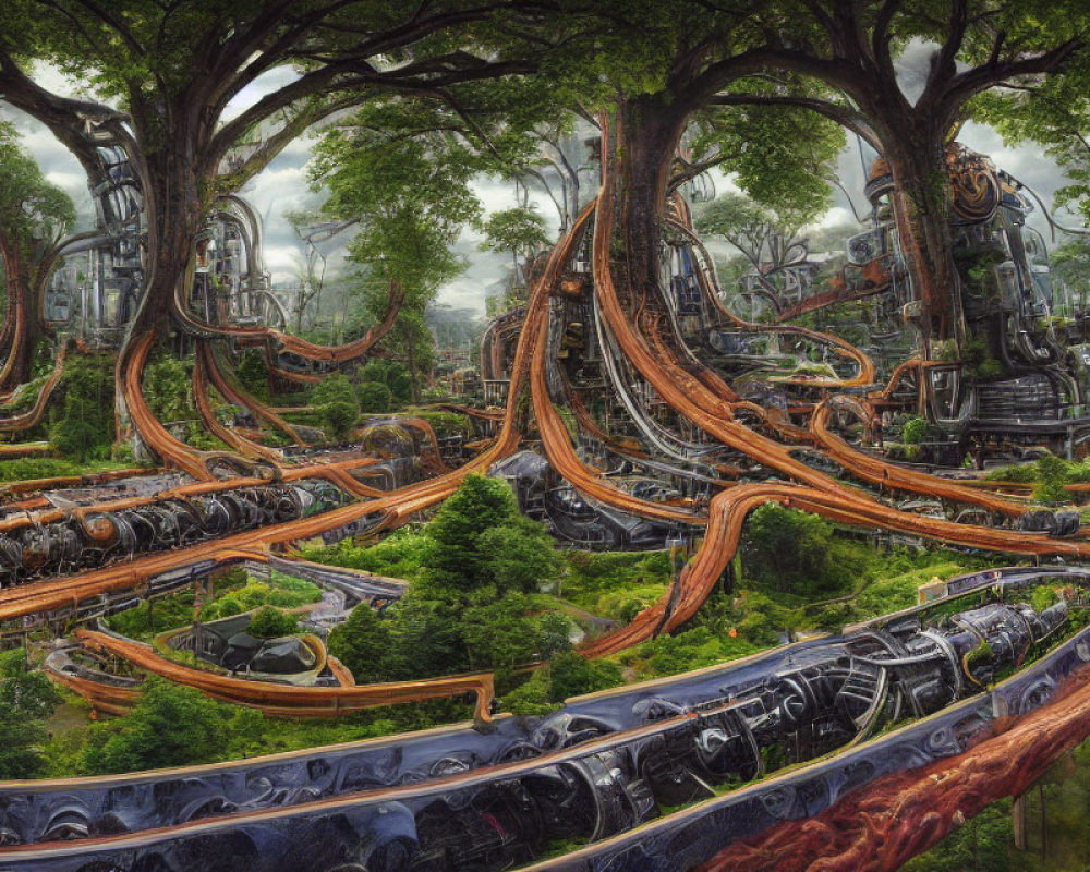 Fantastical forest with gigantic trees and industrial metallic structures