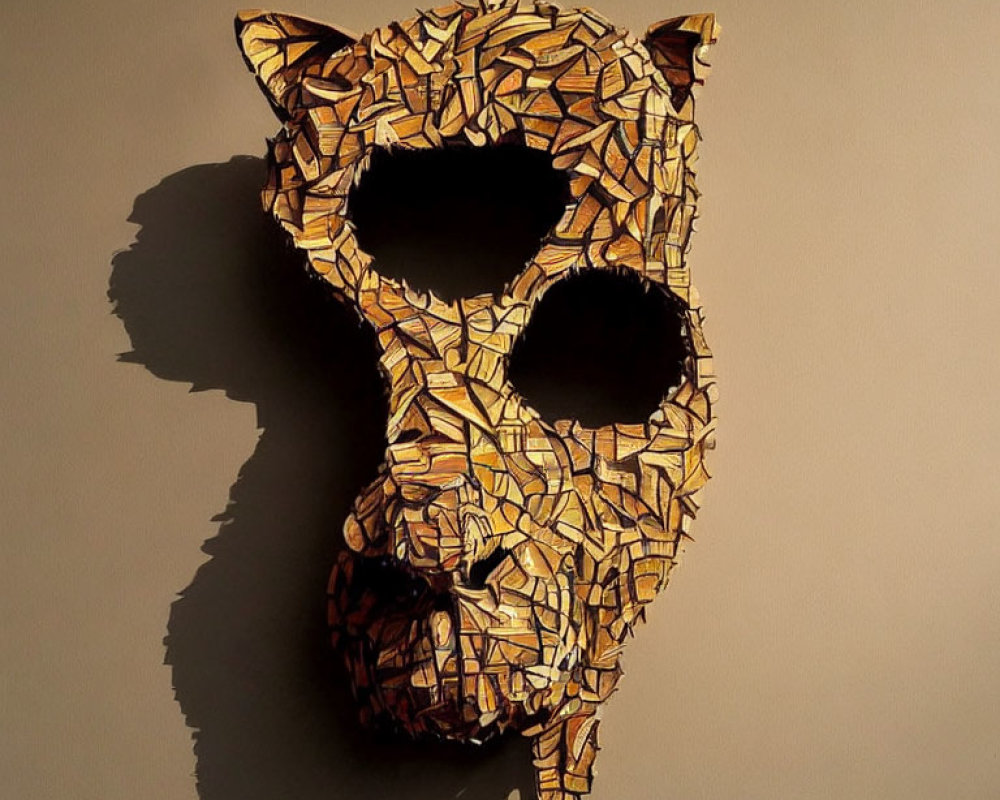 Geometric Jaguar Mask with Gold and Brown Design on Beige Wall