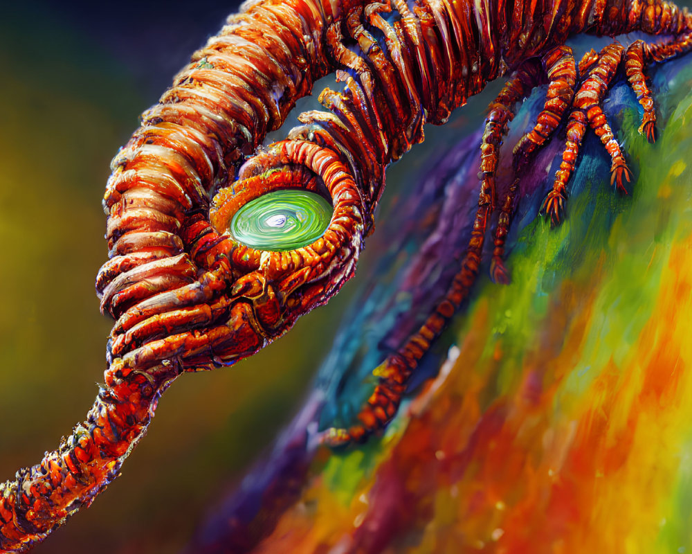 Colorful digital artwork: Spiral creature with central eye and limb-like extensions