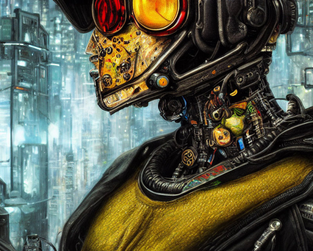 Detailed mechanical head of futuristic cyborg with glowing orange eye against city skyscrapers