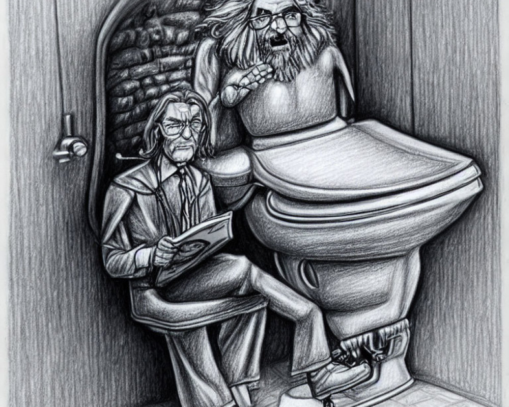 Surreal pencil sketch of two men in oversized toilet