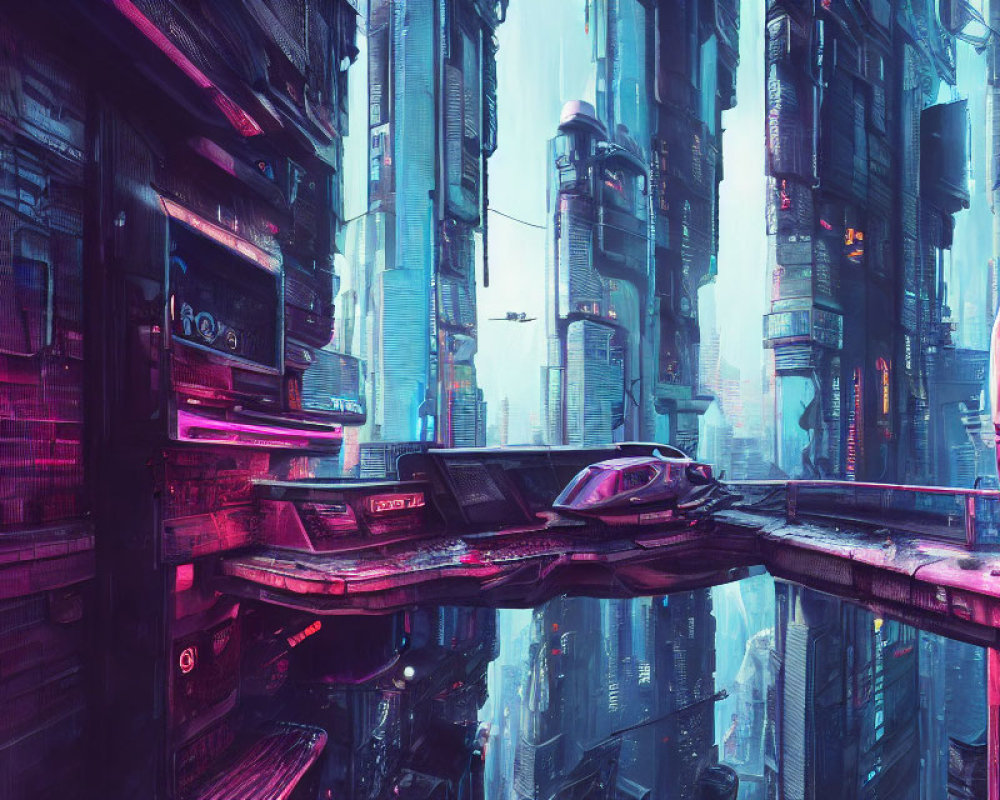 Futuristic city balcony view of neon-lit skyscrapers and flying cars