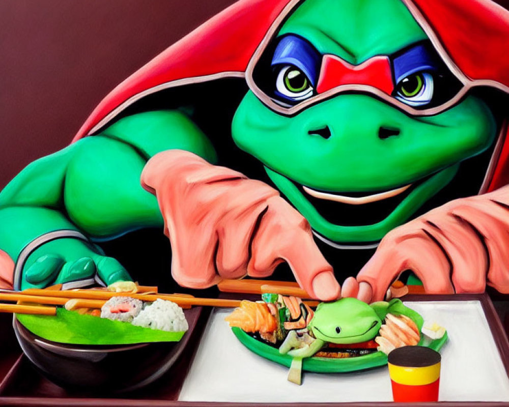 Colorful Teenage Mutant Ninja Turtle Eating Sushi Illustration