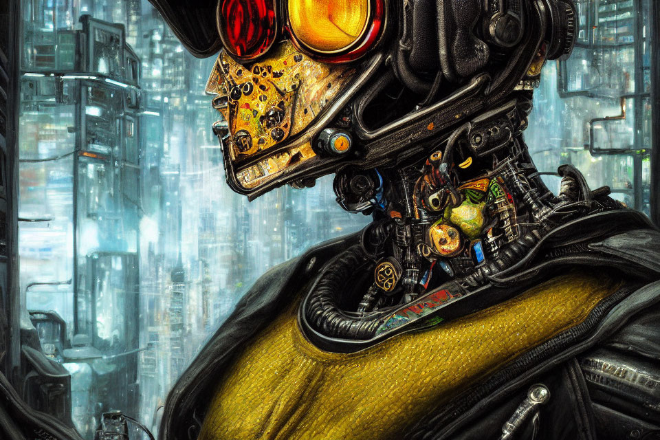 Detailed mechanical head of futuristic cyborg with glowing orange eye against city skyscrapers