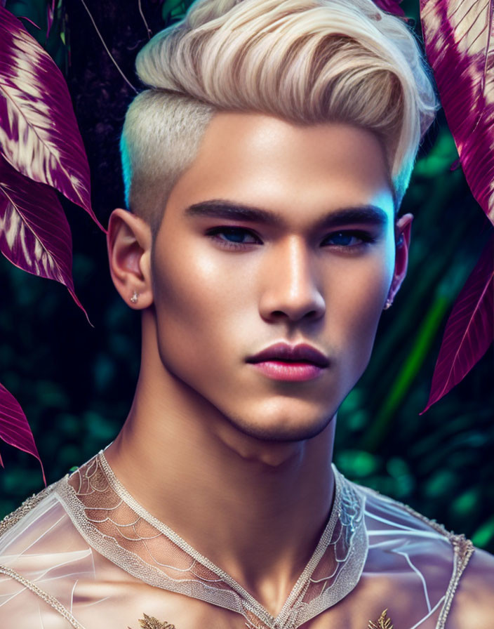 Portrait of person with platinum blonde hair and intense gaze in translucent top against tropical backdrop