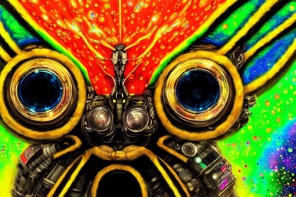 Colorful Psychedelic Artwork with Central Figure in Black Armor & Speaker-like Eyes