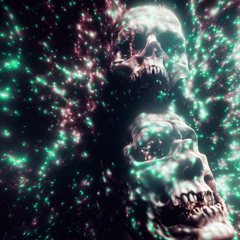 Glowing skulls in cosmic green starry backdrop with hazy effect