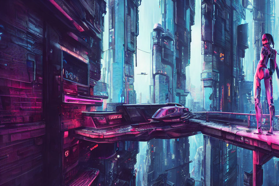 Futuristic city balcony view of neon-lit skyscrapers and flying cars