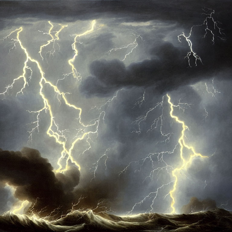 Stormy Sky Painting with Bright Lightning Bolts and Dark Clouds