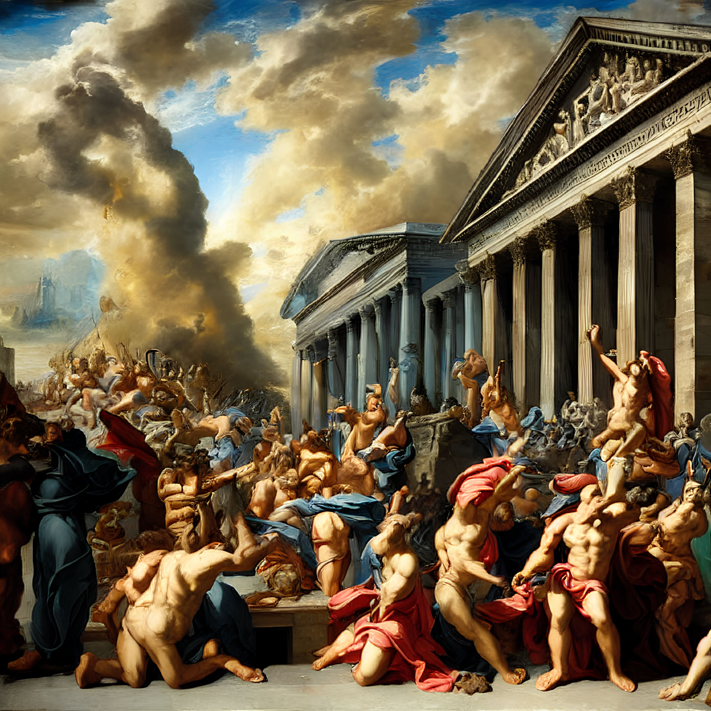 Classical painting of chaotic figures near ancient temple