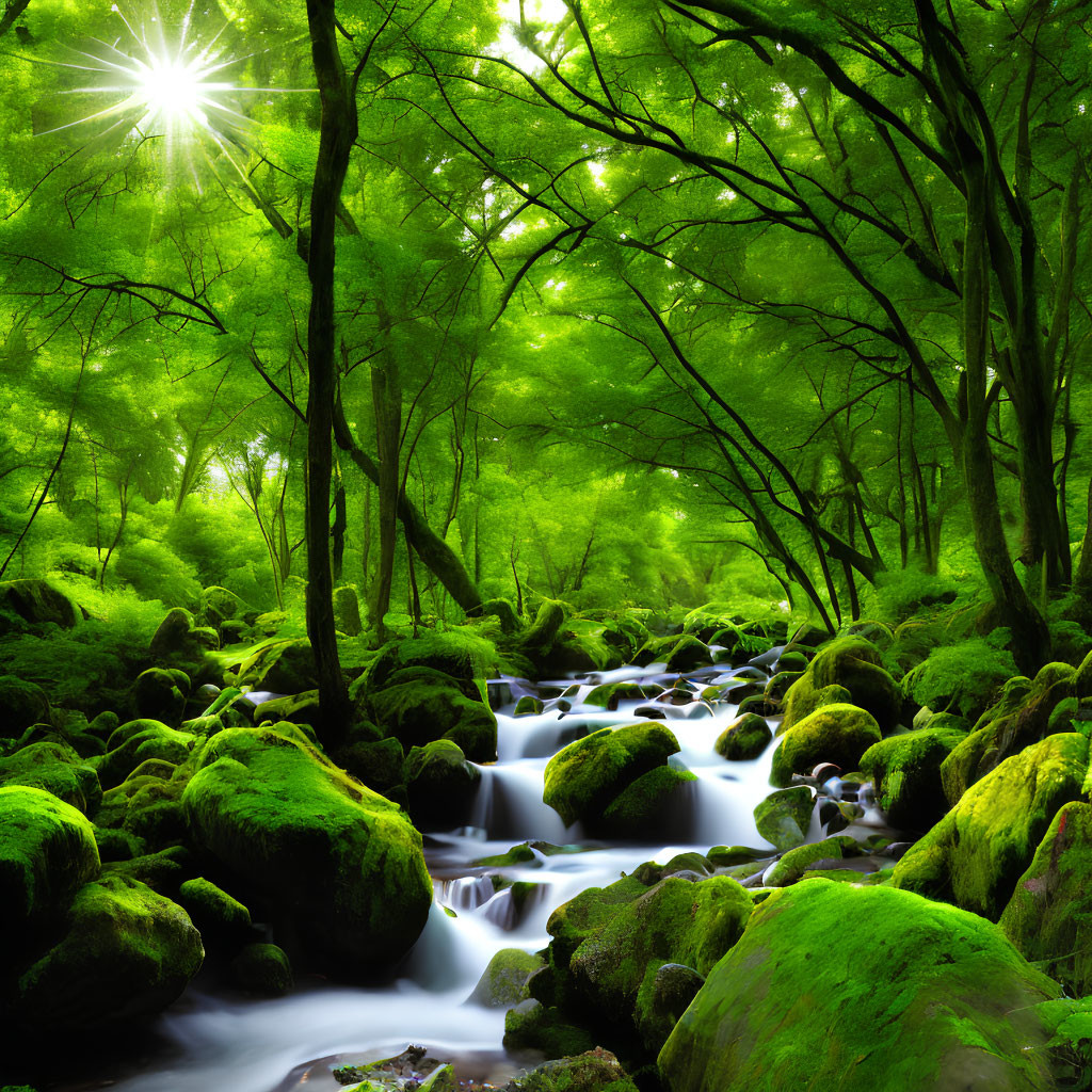 Sunlit Forest Stream with Moss-Covered Rocks and Green Foliage