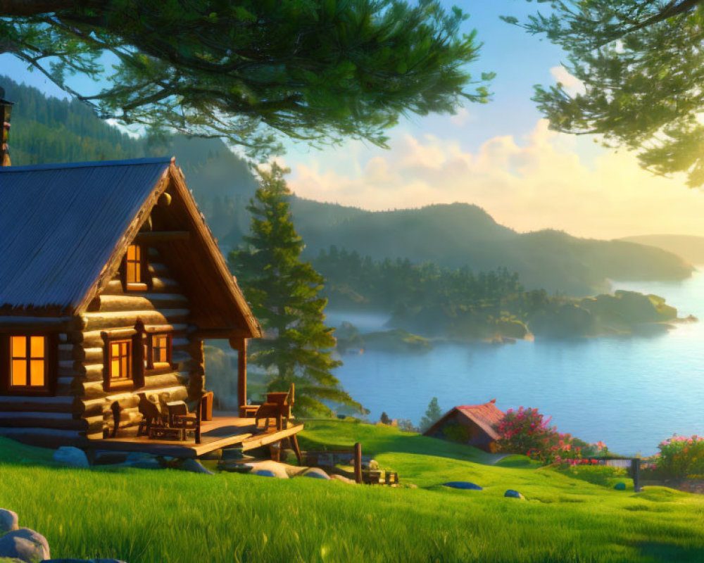 Tranquil Lake Scene with Wooden Cabin and Sunrise