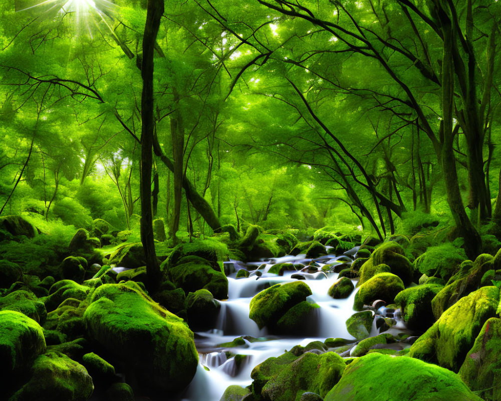 Sunlit Forest Stream with Moss-Covered Rocks and Green Foliage