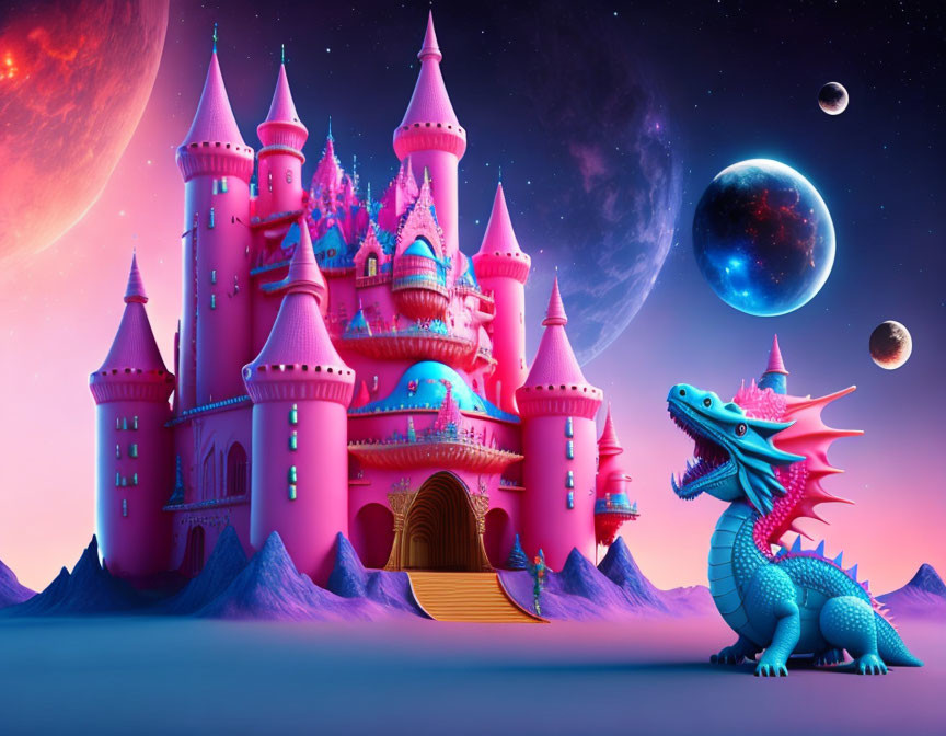 Fantasy castle with pink and blue turrets under twilight sky with moons and blue dragon