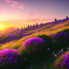 Colorful sunset hillside with purple and yellow flowers and birds in the sky